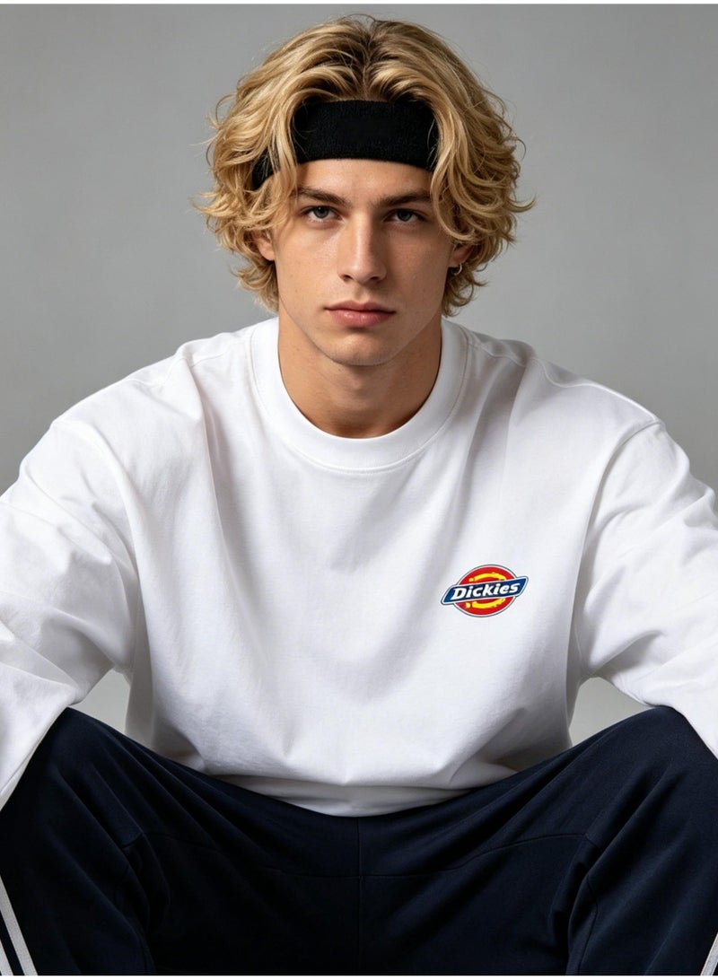 Dickies men and women spring and autumn light pink loose solid color round neck casual long sleeve T-shirt - Image 1