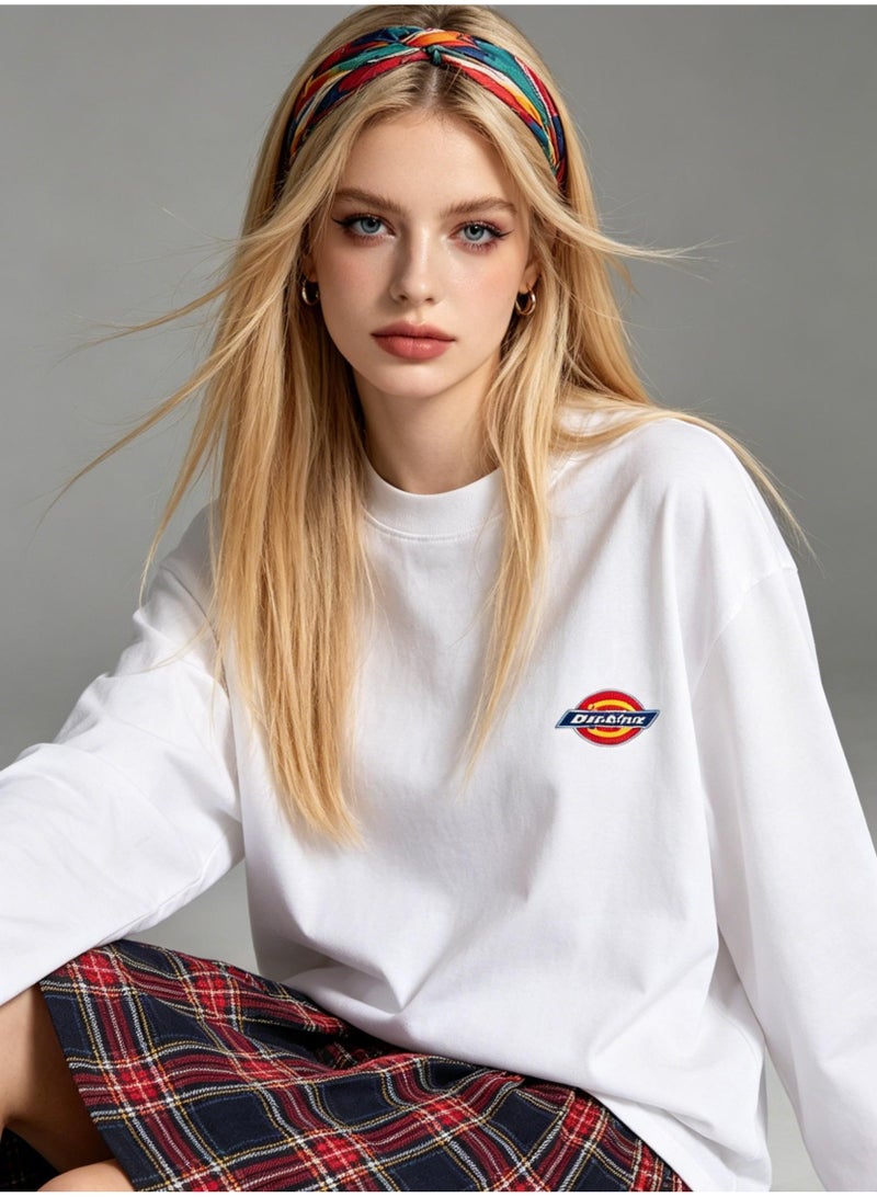 Dickies men and women spring and autumn light pink loose solid color round neck casual long sleeve T-shirt - Image 2