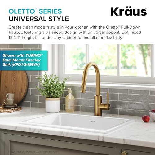 KRAUS Oletto Single Handle Pull Down Kitchen Faucet with QuickDock Top Mount Installation Assembly in Spot-Free Brushed Brass, KPF-2620BB - Image 2