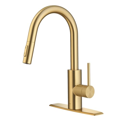 KRAUS Oletto Single Handle Pull Down Kitchen Faucet with QuickDock Top Mount Installation Assembly in Spot-Free Brushed Brass, KPF-2620BB - Image 1