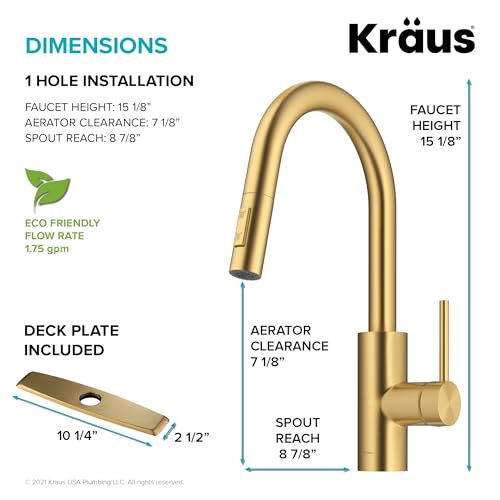 KRAUS Oletto Single Handle Pull Down Kitchen Faucet with QuickDock Top Mount Installation Assembly in Spot-Free Brushed Brass, KPF-2620BB - Image 4