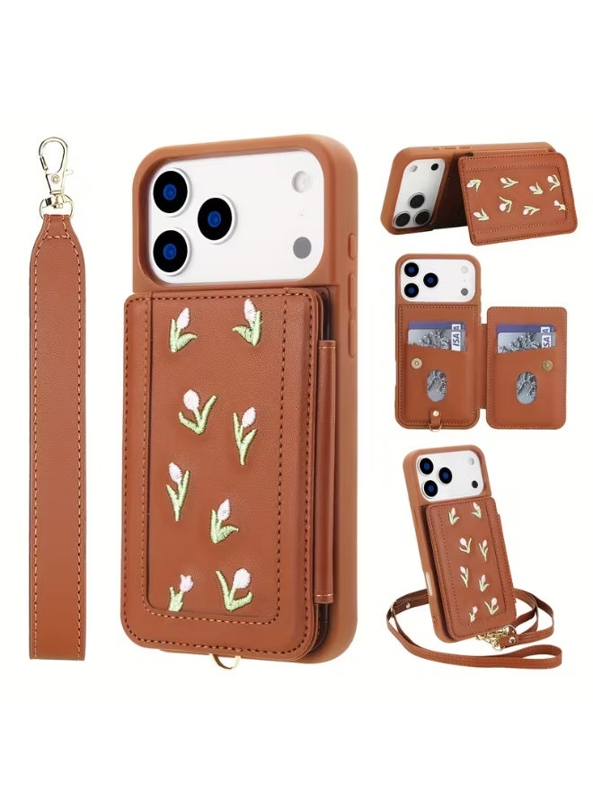 تيمو جراب ايفون من الجلد الصناعي مع حبل طويل بتصميم حقيبة نسائية كروس بودي عليها زهور، مشبك مغناطيسي، و4 فتحات لبطاقات الائتمان لآيفون 17 برو ماكس