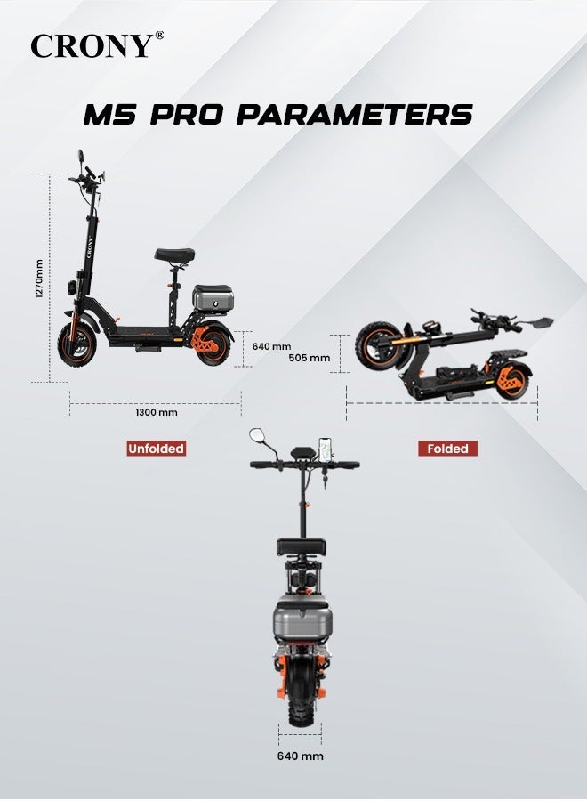 كروني سكوتر كهربائي للبالغين M5 Pro بقوة 1500 واط، بطارية 48V/18AH، سرعة 65–80 كم/س، مدى 45 كم، فرامل قرصية مزدوجة، قابلة للطي، إضاءة LED مزدوجة، مرايا خلفية، صندوق أمتعة خلفي، حامل هاتف، سماعة بلوتوث مدمجة، اتصال بالتطبيق، تعليق مزدوج، هيكل من الألمنيوم، مقاوم للماء IPX4، مناسب للتنقل الحضري والرحلات القصيرة. - Image 4