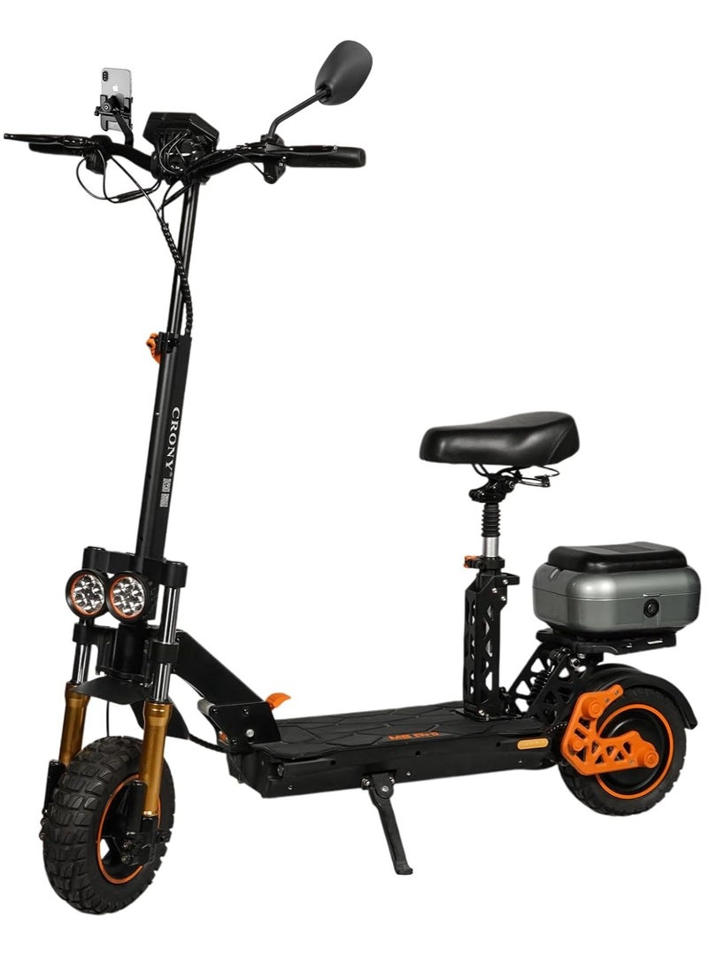 كروني سكوتر كهربائي للبالغين M5 Pro بقوة 1500 واط، بطارية 48V/18AH، سرعة 65–80 كم/س، مدى 45 كم، فرامل قرصية مزدوجة، قابلة للطي، إضاءة LED مزدوجة، مرايا خلفية، صندوق أمتعة خلفي، حامل هاتف، سماعة بلوتوث مدمجة، اتصال بالتطبيق، تعليق مزدوج، هيكل من الألمنيوم، مقاوم للماء IPX4، مناسب للتنقل الحضري والرحلات القصيرة. - Image 1