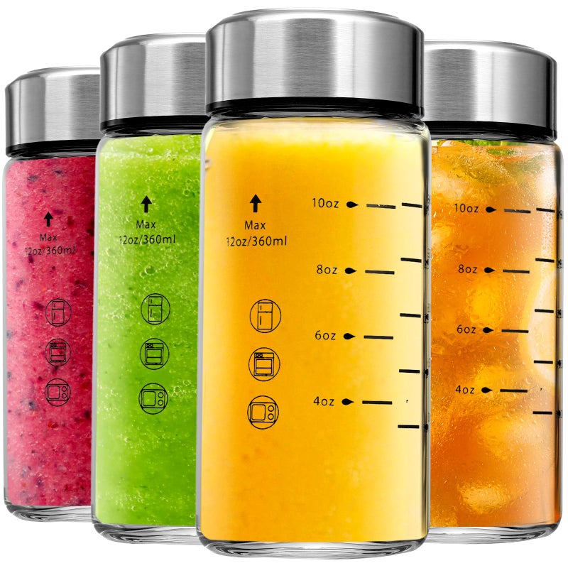 chunmo Glass Juice Bottles 4 Pack 12 oz - Wide Mouth Glass Water Bottles with Lids - Borosilicate,Stainless Steel Lids for Juicing, Smoothies, Infused Water, Beverage Storage, Leakproof, Reusable,BPA Free - Image 1