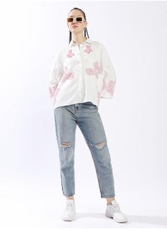 HIGH STAR Women Shirts, Oversized, Embroidered, Multicolor, in 100% Cotton, with Spread , Shirt Collar neckline, Full Sleeve sleeves, Button closure, Woven weave, perfect for Casual. Elevate your look instantly!  - Image 2