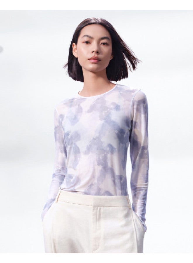 ubras Round Neck Mesh Print Long Sleeve Base Layer Women'S Thin Top - Image 1