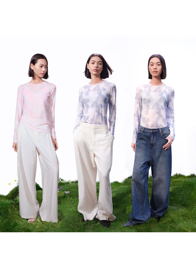ubras Round Neck Mesh Print Long Sleeve Base Layer Women'S Thin Top - Image 4