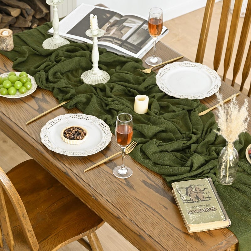 Artoid Mode Boho Olive Green Gauze Wedding Cheesecloth Table Runner, 30x120 Inch Seasonal Fabric Kitchen Dining Holiday Table Decor for Home Party - Image 3