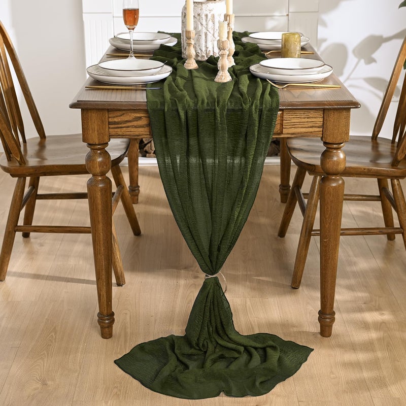 Artoid Mode Boho Olive Green Gauze Wedding Cheesecloth Table Runner, 30x120 Inch Seasonal Fabric Kitchen Dining Holiday Table Decor for Home Party - Image 2