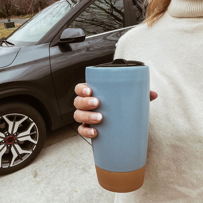Mora Double Wall Ceramic Coffee Travel Mug with Lid, 14 oz, Portable, Microwave, Dishwasher Safe, Insulated Reusable Tall Cup, Splash Resistant Lid - To Go Tumbler for Car Cup Holder, Dusty Blue - Image 5