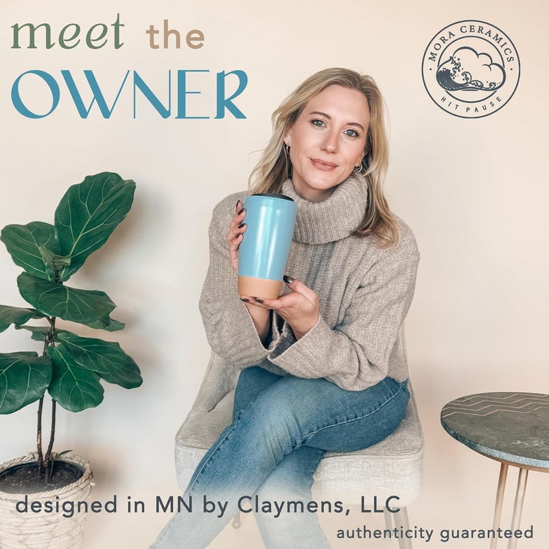 Mora Double Wall Ceramic Coffee Travel Mug with Lid, 14 oz, Portable, Microwave, Dishwasher Safe, Insulated Reusable Tall Cup, Splash Resistant Lid - To Go Tumbler for Car Cup Holder, Dusty Blue - Image 3