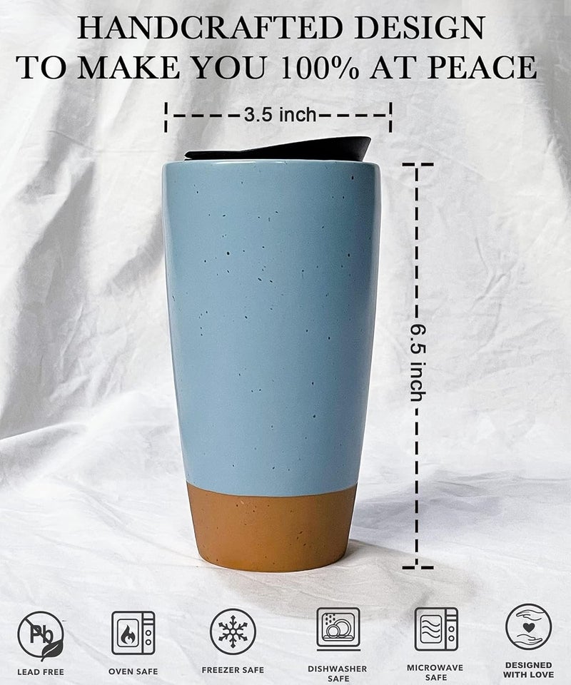 Mora Double Wall Ceramic Coffee Travel Mug with Lid, 14 oz, Portable, Microwave, Dishwasher Safe, Insulated Reusable Tall Cup, Splash Resistant Lid - To Go Tumbler for Car Cup Holder, Dusty Blue - Image 2