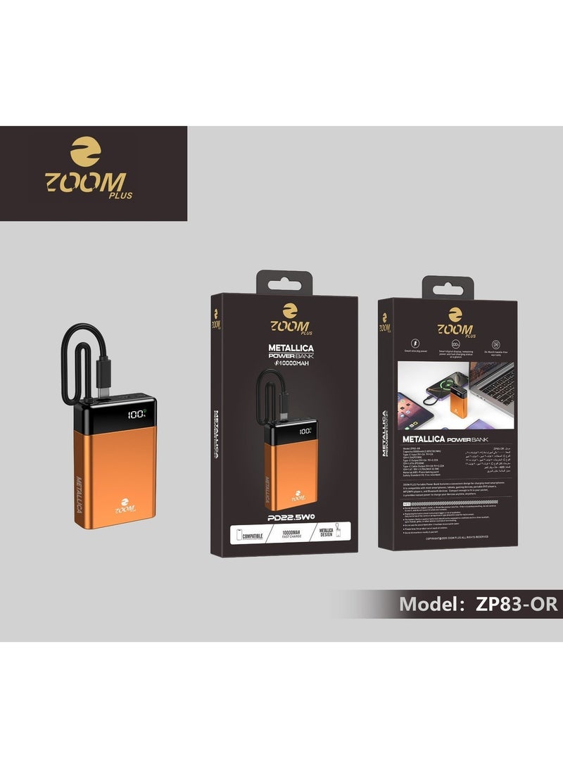 ZOOM PLUS METALLICA 10000mAh Power Bank PD 22.5W Fast Charging – Metallic Design Portable Charger with LED Digital Display, Type-C Input/Output, Compact & Travel Friendly – Model ZP83-OR - Image 4