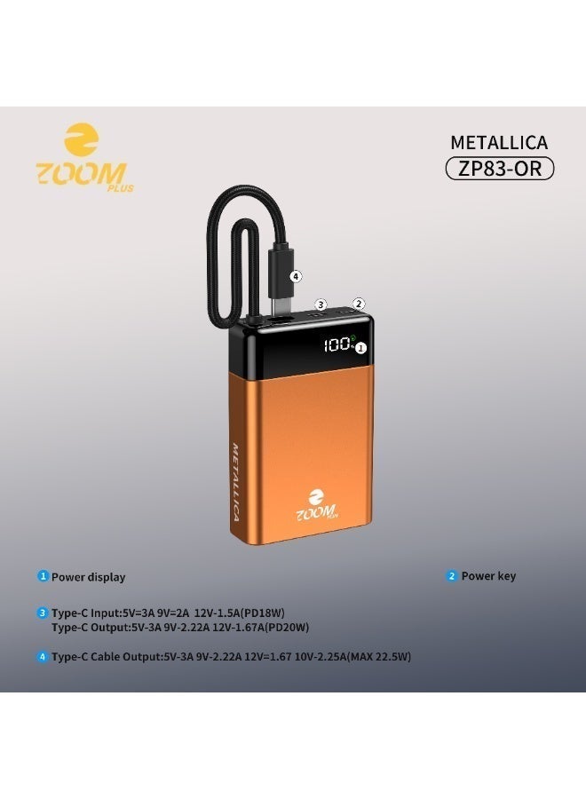 ZOOM PLUS METALLICA 10000mAh Power Bank PD 22.5W Fast Charging – Metallic Design Portable Charger with LED Digital Display, Type-C Input/Output, Compact & Travel Friendly – Model ZP83-OR - Image 2