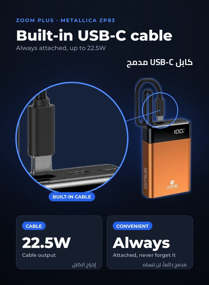 ZOOM PLUS METALLICA 10000mAh Power Bank, 22.5W PD Fast Charging with Built-in USB-C Cable, USB-C Input/Output, LED Digital Display, Metallic Compact Portable Charger (ZP83, Orange) - Image 3
