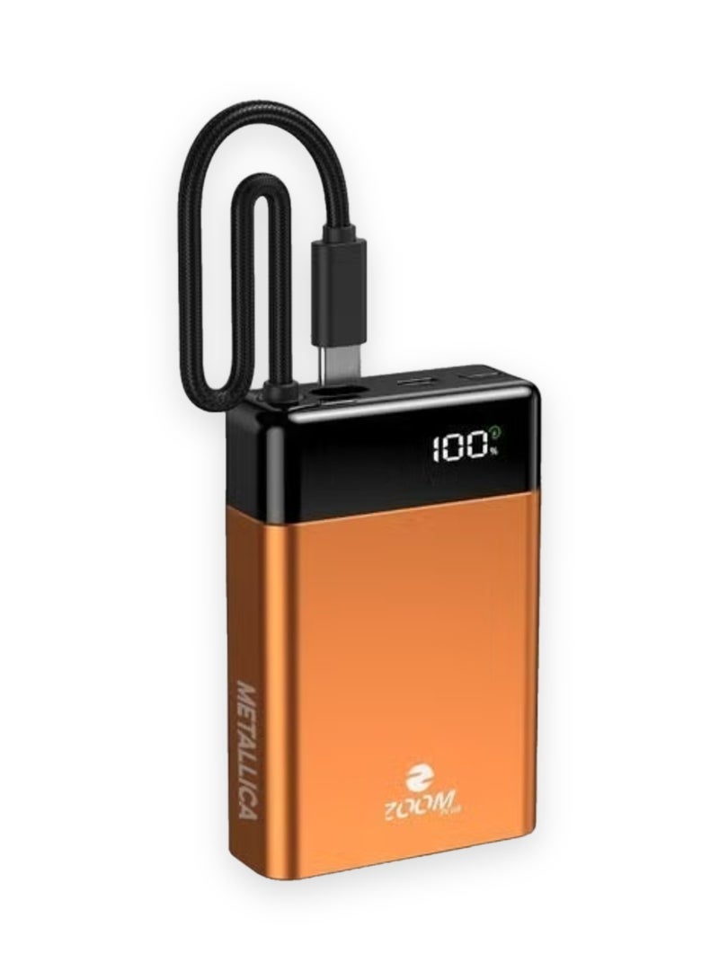 ZOOM PLUS METALLICA 10000mAh Power Bank, 22.5W PD Fast Charging with Built-in USB-C Cable, USB-C Input/Output, LED Digital Display, Metallic Compact Portable Charger (ZP83, Orange) - Image 1