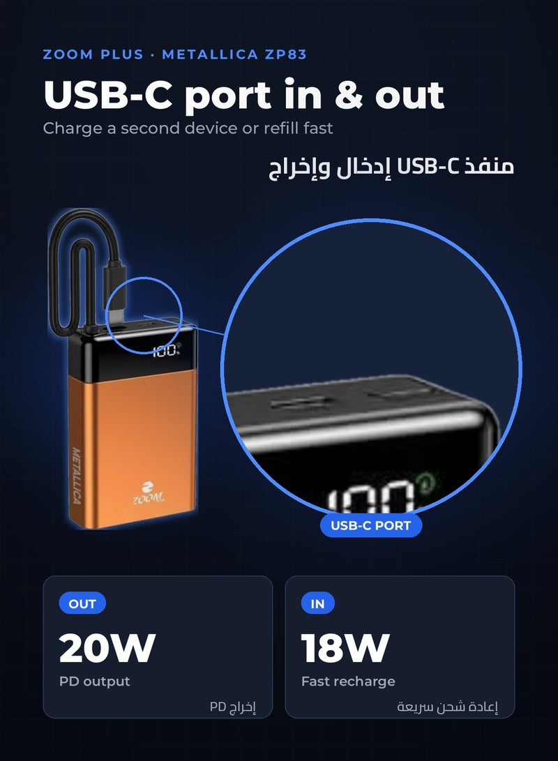 ZOOM PLUS METALLICA 10000mAh Power Bank, 22.5W PD Fast Charging with Built-in USB-C Cable, USB-C Input/Output, LED Digital Display, Metallic Compact Portable Charger (ZP83, Orange) - Image 5