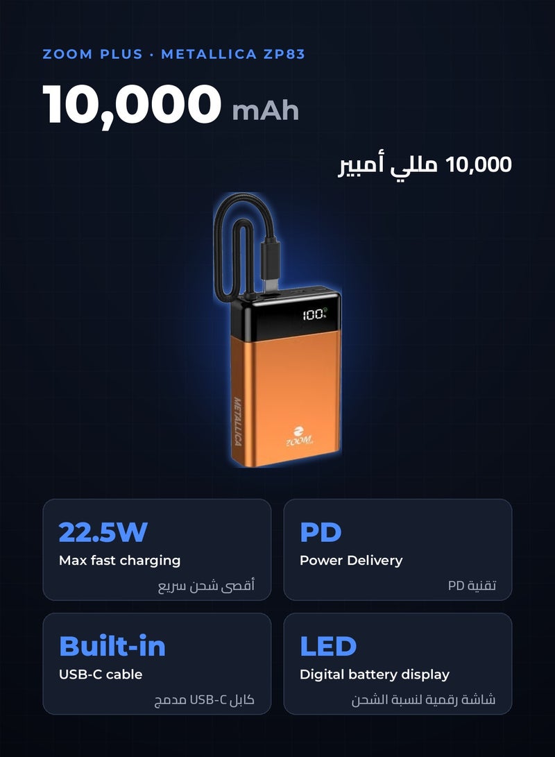 ZOOM PLUS METALLICA 10000mAh Power Bank, 22.5W PD Fast Charging with Built-in USB-C Cable, USB-C Input/Output, LED Digital Display, Metallic Compact Portable Charger (ZP83, Orange) - Image 2