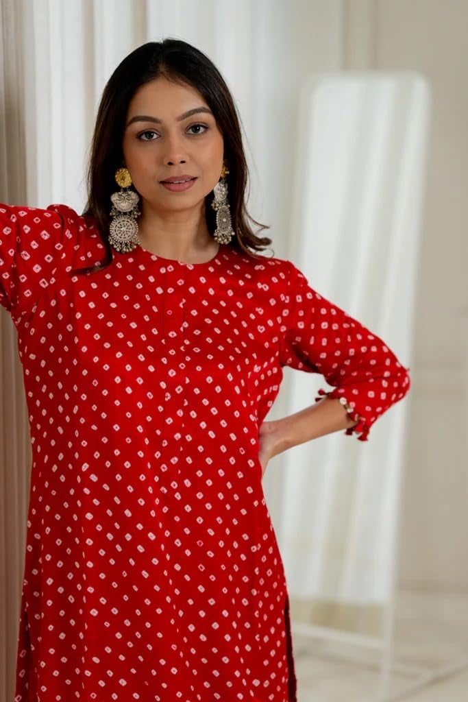 LookMark Women's Cotton Blend Bandhej Printed Bandhani Kurta Palazzo Set with Sequence Lace (AZ-LM-OG-KS2201 RED-L) - Image 3