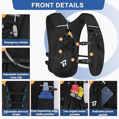 BECOJADDE Running Vest Hydration Backpack for Men Women 5L Lightweight Running Backpack Hydration Pack for Marathon Trail Cycling Hiking Jogging Jet Black - Image 3