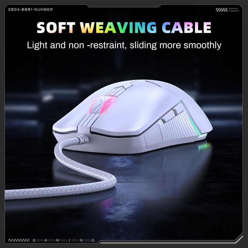 RGB Gaming Mouse: White Wired Mouse With Ergonomic Skin-Friendly Design - 5-Speed Adjustable 400-6400 DPI 7 RGB Lighting Effects 6 Programmable Buttons For PC Gamers - Image 2