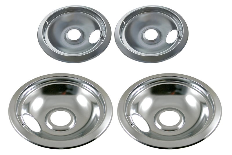 KITCHEN BASICS 101 Made in the USA 316048413 & 316048414 Range Burner Chrome Drip Pans Replacement for Frigidaire Kenmore Electric Stove w/Locking Slots, 2 Small 6-Inch & 2 Large 8-Inch Pans, 4 Pack - Image 1