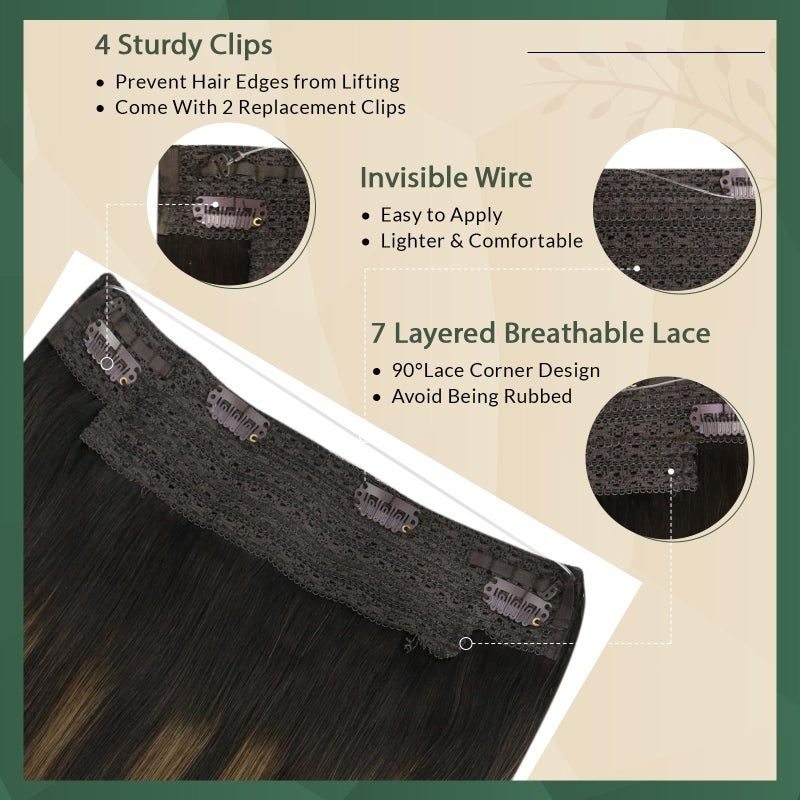 Ugeat Wire Hair Extensions Human Hair Brown Remy Invisible Wire Hair Extensions Balayage Dark Brown Mix Chestnut Brown Real Human Hair Extensions for Women Silky Straight 80g 18 Inch - Image 3