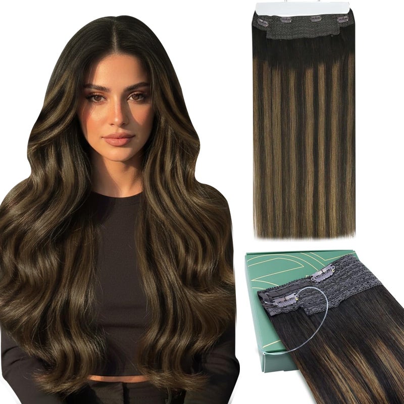 Ugeat Wire Hair Extensions Human Hair Brown Remy Invisible Wire Hair Extensions Balayage Dark Brown Mix Chestnut Brown Real Human Hair Extensions for Women Silky Straight 80g 18 Inch - Image 1