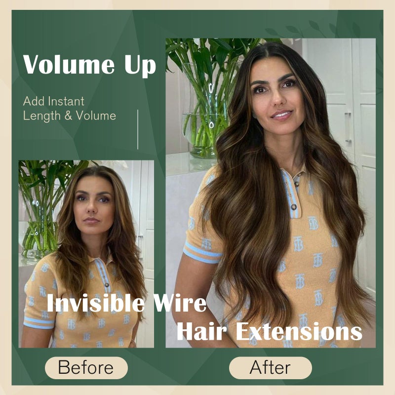 Ugeat Wire Hair Extensions Human Hair Brown Remy Invisible Wire Hair Extensions Balayage Dark Brown Mix Chestnut Brown Real Human Hair Extensions for Women Silky Straight 80g 18 Inch - Image 5