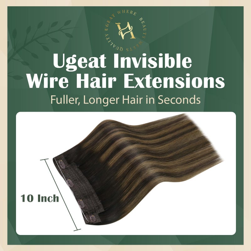 Ugeat Wire Hair Extensions Human Hair Brown Remy Invisible Wire Hair Extensions Balayage Dark Brown Mix Chestnut Brown Real Human Hair Extensions for Women Silky Straight 80g 18 Inch - Image 2