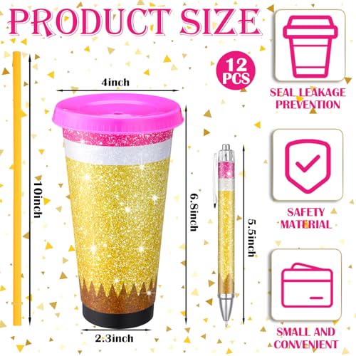 Skylety 24 Pcs Teacher Appreciation Gift Bulk Back to School Teacher Gifts Include 24oz Reusable Plastic Pencil Cup with Lid Straw for End of The Year Thank You Gift with 12 Glitter PenClassic - Image 3