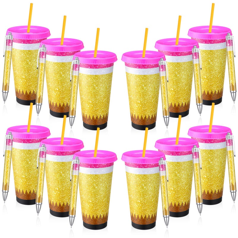 Skylety 24 Pcs Teacher Appreciation Gift Bulk Back to School Teacher Gifts Include 24oz Reusable Plastic Pencil Cup with Lid Straw for End of The Year Thank You Gift with 12 Glitter PenClassic - Image 2