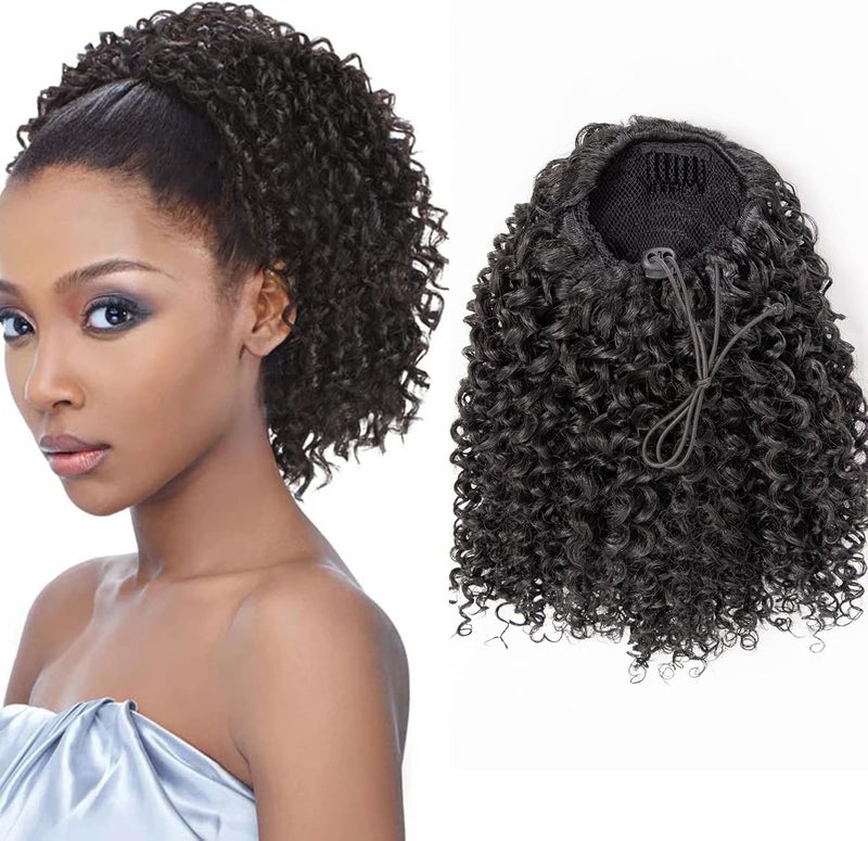 Kinky Curly Drawstring Ponytail Human hair Extensions for Black Women 12 Inch Natural Black Afro Kinky Curly Clip in Drawstring Ponytail hair extension for Women