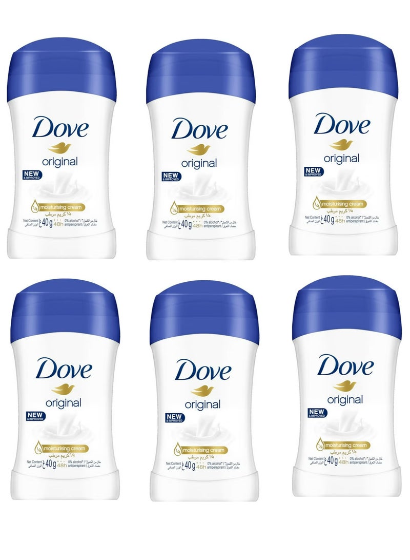دوف مزيل عرق دوف الأصلي للنساء، 40 غرام، عبوة من 6 قطع | خالٍ من الكحول | حماية طويلة الأمد من العرق والرائحة | عناية منعشة ولطيفة للإبطين