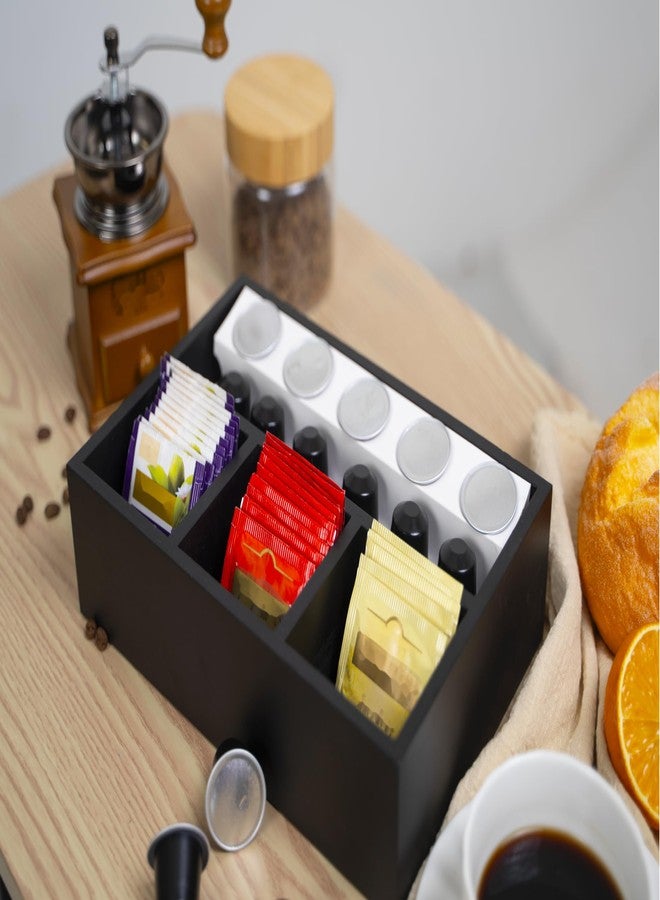 HymoConn Tea Bag Organizer Wood Black, 4 Compartments Tea Bag Holder, Large Capacity Sugar Packet and Coffee Station Organizer, Tea Bags Caddy Drawer Storage Container for Countertop - Image 4