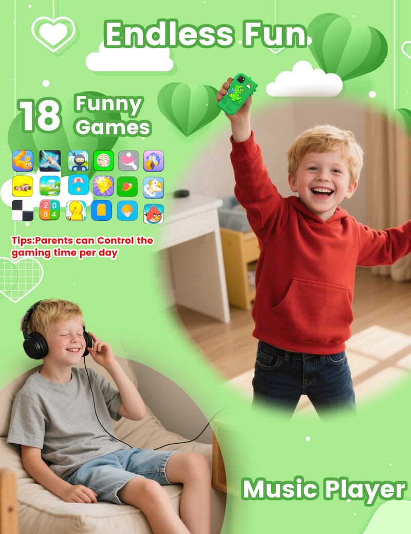 ZONEY Kids Smart Phone, Holiday Birthday Gifts for Boys Age 3-10, Kids Dinosaur Toys Phone, 2.8" Touchscreen Toddler Learning Play Toy Phone with Dual Camera, Game, Music Player, 32GB Card, Green - Image 4