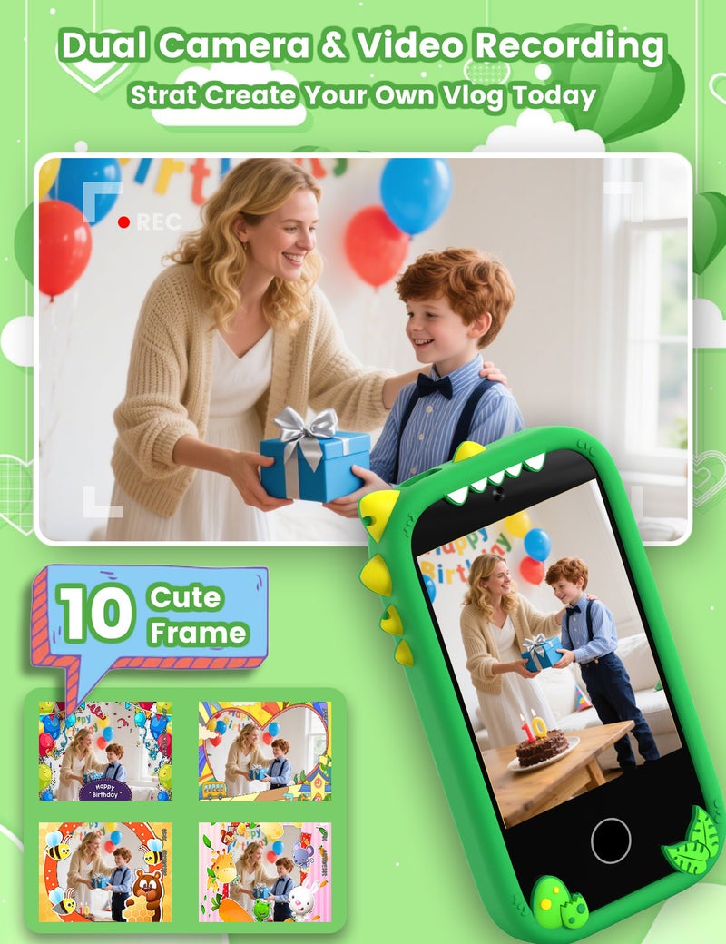 ZONEY Kids Smart Phone, Holiday Birthday Gifts for Boys Age 3-10, Kids Dinosaur Toys Phone, 2.8" Touchscreen Toddler Learning Play Toy Phone with Dual Camera, Game, Music Player, 32GB Card, Green - Image 3
