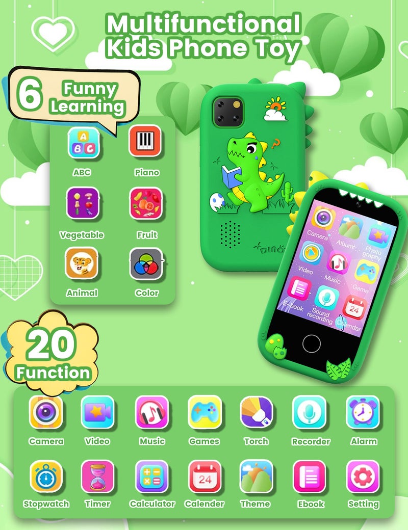 ZONEY Kids Smart Phone, Holiday Birthday Gifts for Boys Age 3-10, Kids Dinosaur Toys Phone, 2.8" Touchscreen Toddler Learning Play Toy Phone with Dual Camera, Game, Music Player, 32GB Card, Green - Image 2