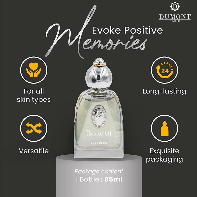 Dumont BOROUJ SPIRITUS - 85ml - Unisex Perfume for Men & Women - Long Lasting Cologne Mist & Body Spray with Aromatic Floral, Amber & Musk Fragrance - for Him & Her - Image 3