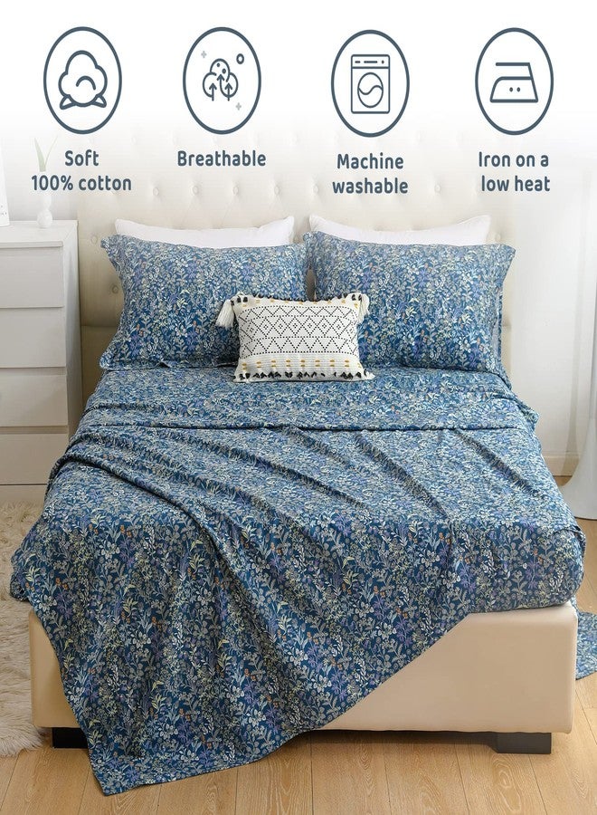 QSH 100% Cotton Sheets for Queen Size Bed - Blue Floral Plant Pattern Botanical Luxury Cotton Printed Floral Bedding Sheets Queen Soft and Breathable 4pcs Deep Pocket Queen Sheet Set - Image 3
