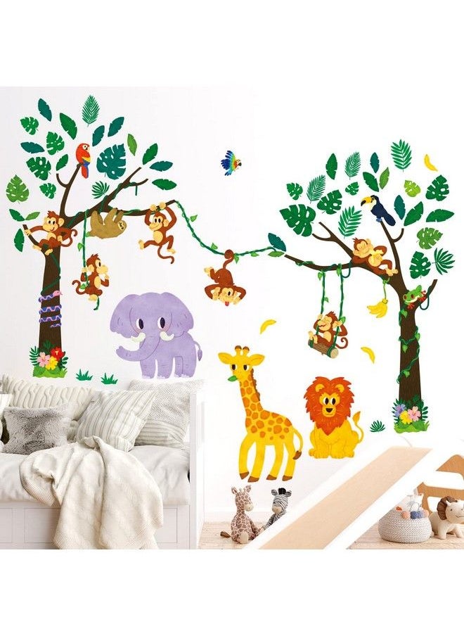 Decowall - سج2209 ملصقات حيوانات الغابة والشجر لجدران الأطفال مع أوراق استوائية لتزيين غرف الأطفال Peel And Stick غرفة لعب ديكور سفاري غابة قرد ولد فصل أسد فیل بنات - Image 1