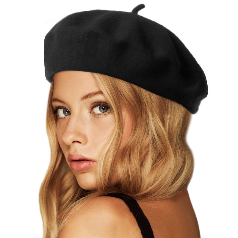 Wheebo Wool Beret Hat,Solid Color French Style Winter Warm Cap for Women Girls(Black) - Image 1