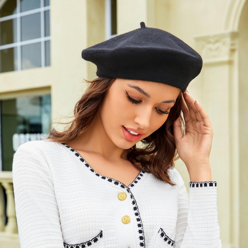 Wheebo Wool Beret Hat,Solid Color French Style Winter Warm Cap for Women Girls(Black) - Image 2