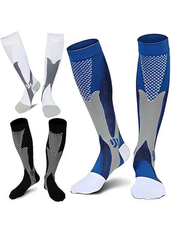 Risen 3 Pair Sport Compression Socks Men Women, Compression Stocking Nurse Socks for Edema Travel(White, Blue, Black) - Image 1