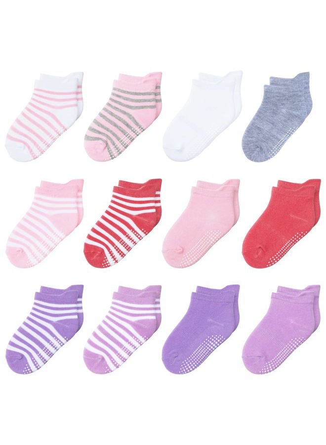 HYzgb Toddler Girls Socks 2T 3T Non Slip Grips Ankle Girls Socks 12 Pairs Comfy Cotton Crew Ankle with Pull Tab Baby Socks For 12-36 Months Girls (Multi-Colors) - Image 1