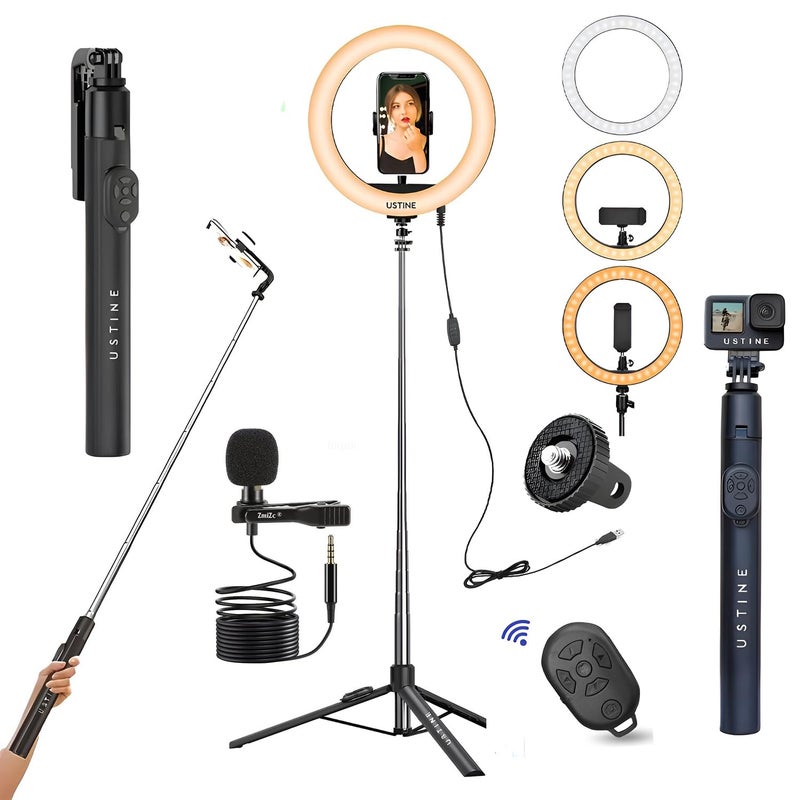 USTINE ® Youtuber Kit | 10" Ring Light (3 Light Modes), Imported Mic, 67" Selfie Stick Tripod Stand | Bluetooth Remote | Vlogging, Reels, YouTube, FB Videos - Image 1