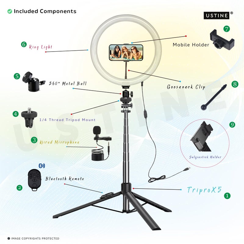 USTINE ® Youtuber Kit | 10" Ring Light (3 Light Modes), Imported Mic, 67" Selfie Stick Tripod Stand | Bluetooth Remote | Vlogging, Reels, YouTube, FB Videos - Image 2
