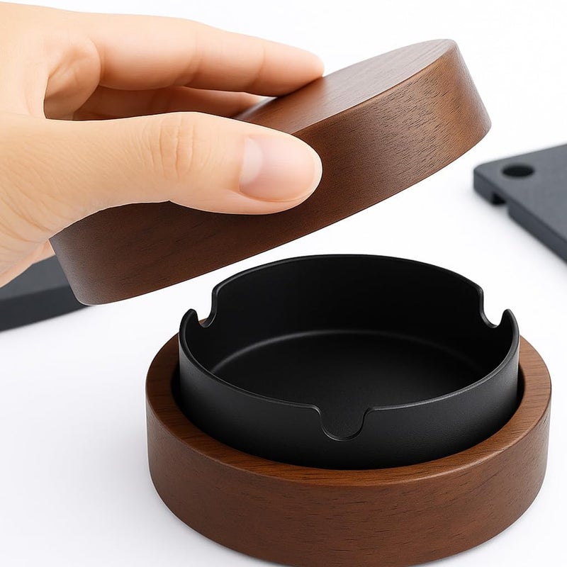 Wooden ashtray with lid, windproof ashtray, odor proof, bar, office, living room, party, (black, 2pcs) - Image 3