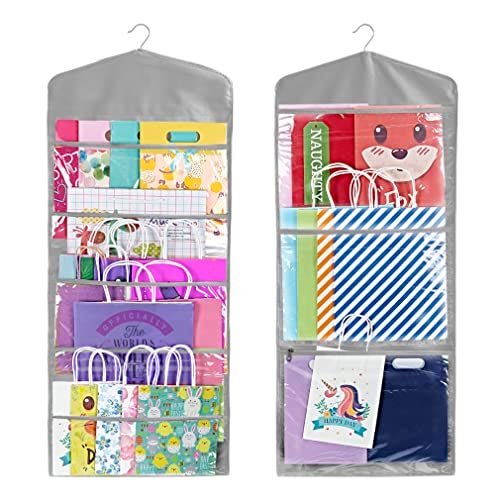Primode Gift Bag and Tissue Paper Storage Hanging Organizer with Multiple Front and Back Pockets Double Sided Organize Gift Wrap and Paper Bags 38 x 16 Inch Grey